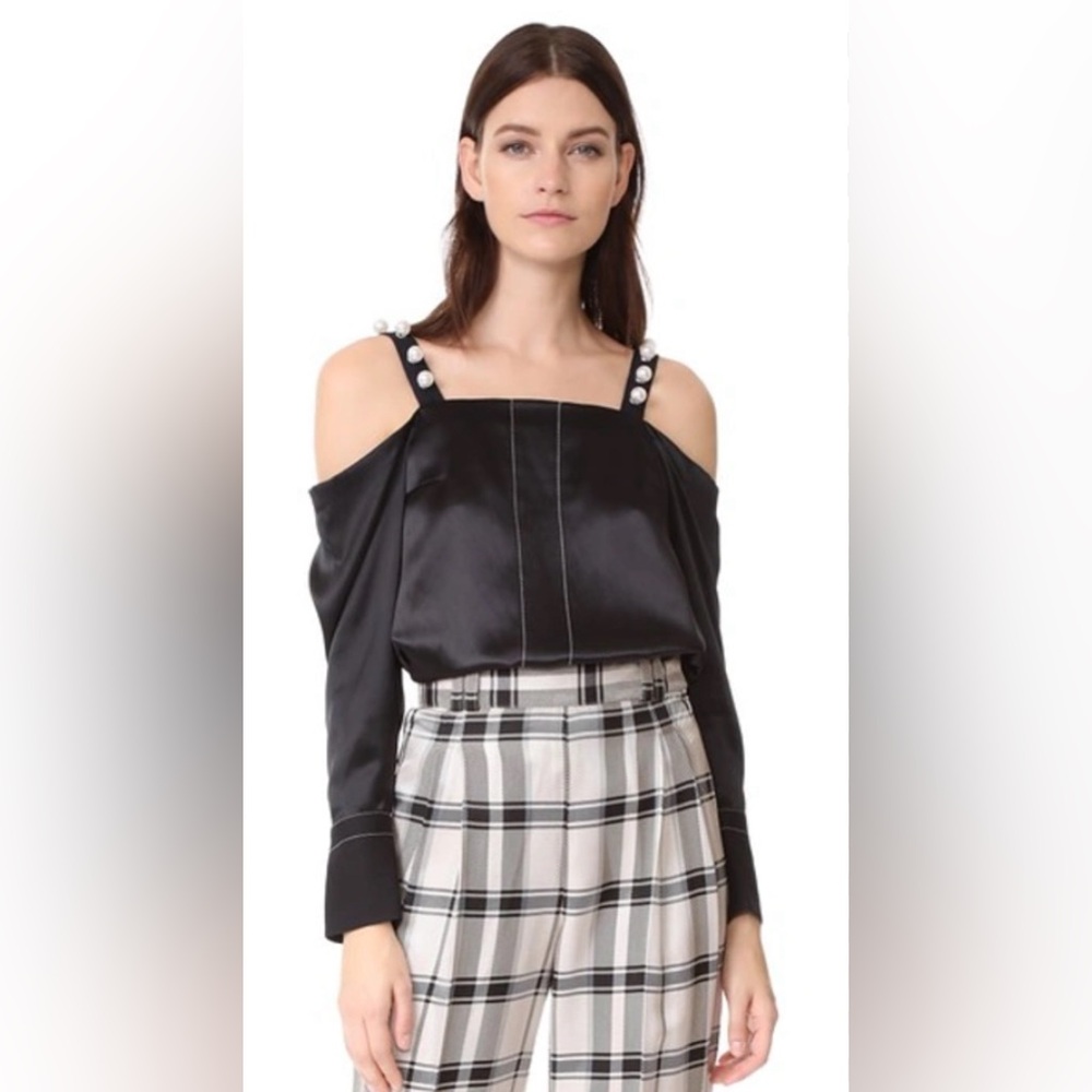 3.1 Philip Lim Faux Pearl Strap Silk Cold Shoulder Top In Nero 4